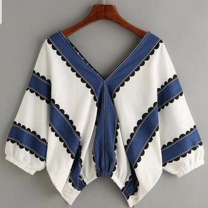 V-neck White & Denim-Print Top